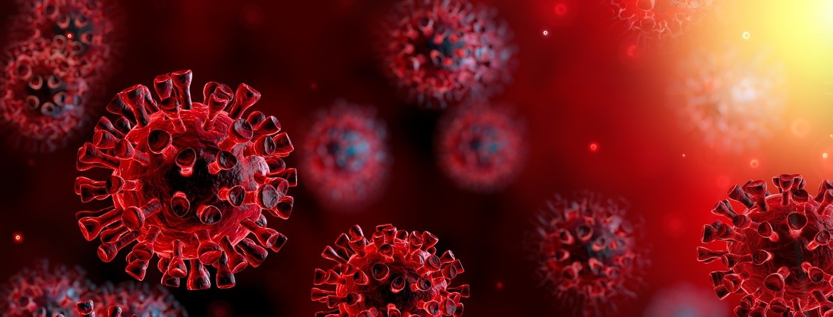 Motiv: Mehrere Coronaviren schwirren vor einem roten Hintergrund. (Foto: Romolo Tavani - stock.adobe.com)
