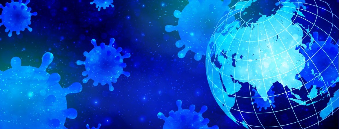 Motiv: Neben einer dunkelblauen Weltkugel schweben mehrere blaue Coronaviren. (Foto: J BOY - stock.adobe.com)