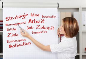 Motiv: Eine junge Frau schreibt mit rotem Stift Schlagworte auf ein Whiteboard: Strategie, Management, Idee, Arbeit, Erfolg, Zukunft, Perspektive, Businessplan. (Foto: contrastwerkstatt - Fotolia.com)
