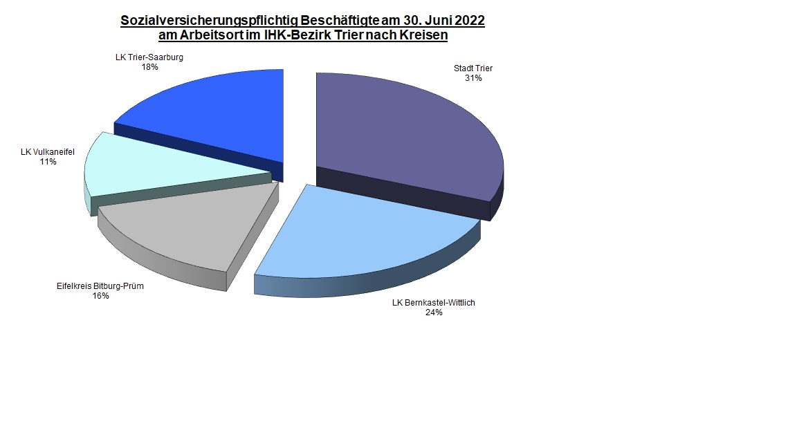 Die Grafik zeigt den prozentualen Anteil der Sozialversicherungspflichtig Beschäftigten im IHK-Bezirk Trier an. In der Stadt Trier sind 31 Prozent der sozialversicherungspflichtig Beschäftigten tätig, im Landkreis Bernkastel-Wittlich 23 Prozent, im Eifelkreis Bitburg-Prüm 16 Prozent, im Vulkaneifelkreis 12 Prozent und im Landkreis Trier-Saarburg 18 Prozent.